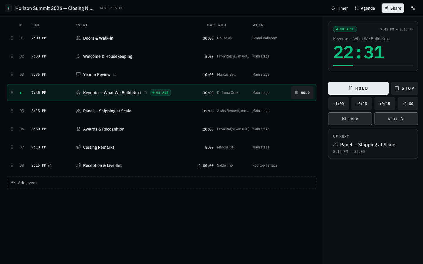 The ROSmaster controller on a desktop screen: an eight-row run sheet with computed start times, durations, owners and locations, the 7:45 PM keynote tinted green and tagged ON AIR, and a side rail counting 22:31 left on that cue above HOLD, STOP, minus and plus one minute, and next and previous controls.